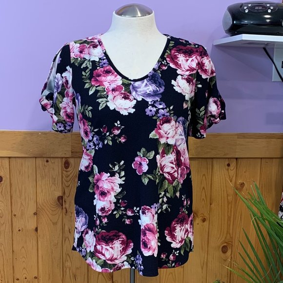 42pops Short Sleeved Cold Shoulder Floral Blouse - Picture 1 of 6